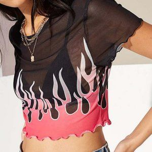 Women's Flame Pattern See-through Mesh Crop Top